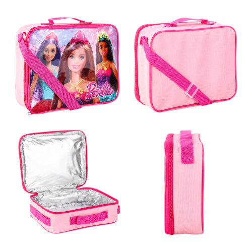 Pink toy suitcase with Barbie dolls on a clear panel, shown from multiple angles.