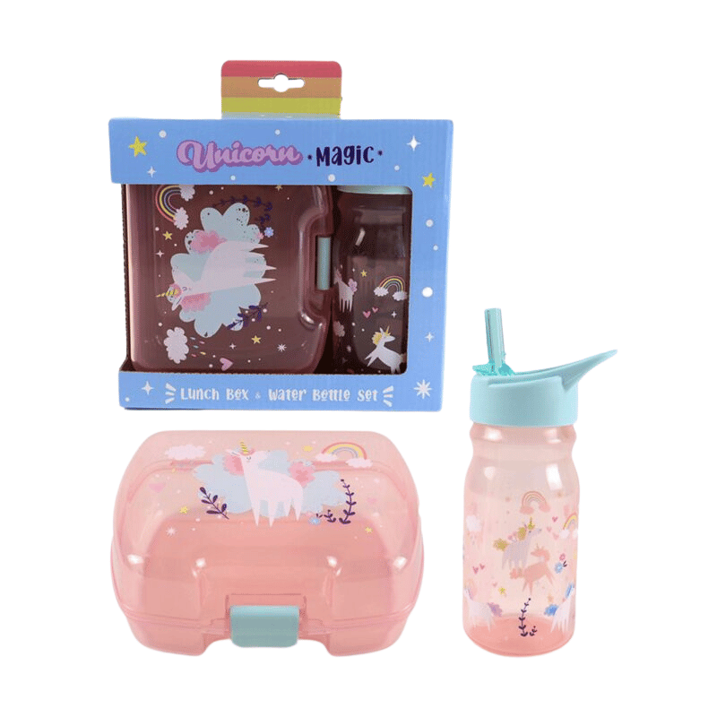 Unicorn-themed lunch box and water bottle set with packaging on a white background