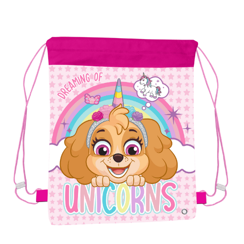 Drawstring bag with a cartoon dog and unicorn design on a pink background