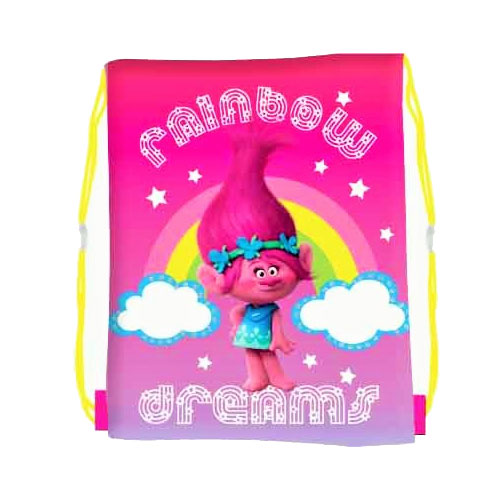 Drawstring bag with a character from Trolls on a pink background with rainbow and cloud design.