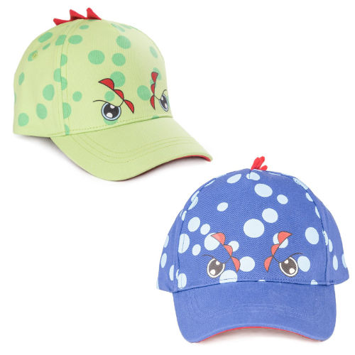 Two colorful children's caps with cartoon faces on a white background
