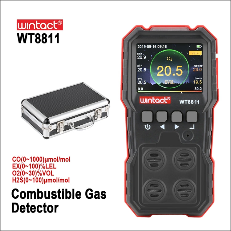 WINTACT WT8811 4-in-1 Rechargeable Gas Monitor | CO, O₂, H₂S & Combustible Gas Detector | Pro-Grade Safety Alarm