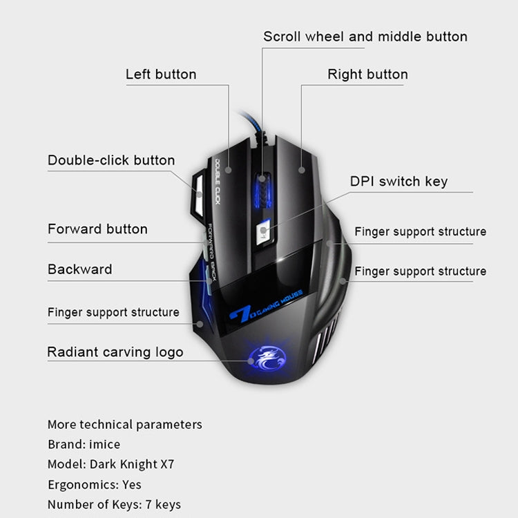 IMICE X7 Wired Gaming Mouse - 2400 DPI, 7 Programmable Buttons, RGB Breathing Light
