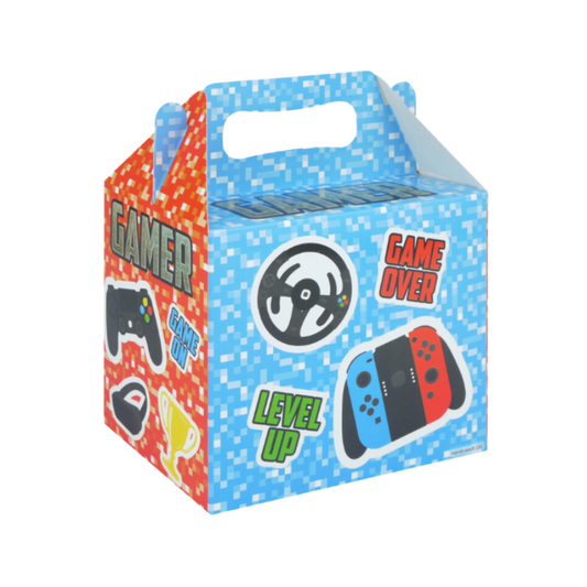 Gaming-themed party favor box with colorful design and text on a white background