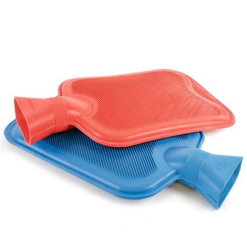 Red and blue hot water bottle on a white background