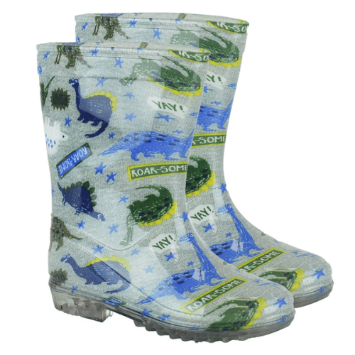 Children's rain boots with dinosaur pattern on a white background