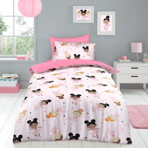 Children's bedroom with pink and white bedding featuring cartoon characters.