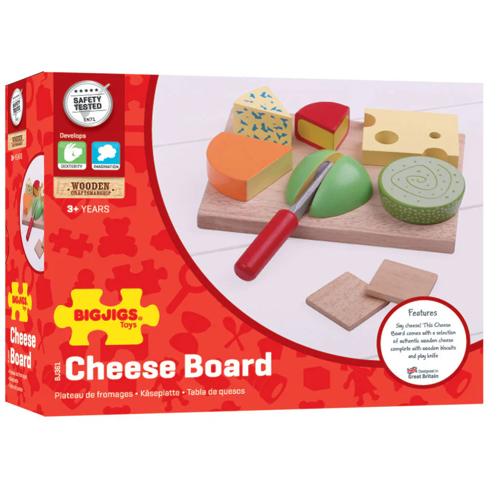 Bigjigs Toys cheese board set packaging with colorful cheese pieces and a knife on a white background.