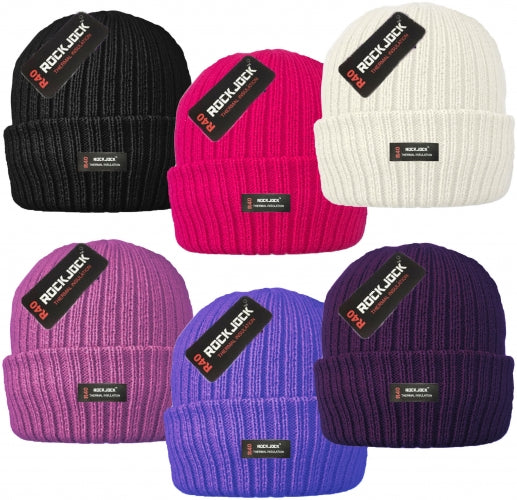 Set of five knit beanie hats in black, pink, white, purple, and blue with 'Rock & Jack' branding.