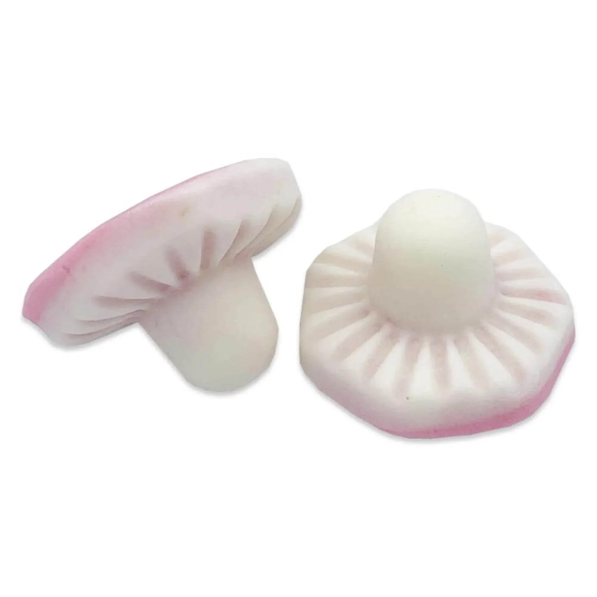 Close-up of Swizzels Giant Mushrooms fruity foam gummies showing detail and pastel colour