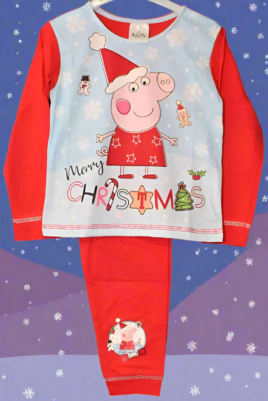 Children's Christmas-themed pajama set with a cartoon character on a blue background.
