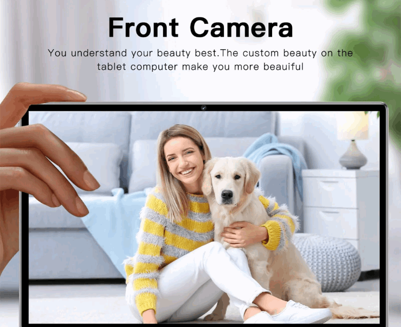Person holding a tablet displaying a woman with a dog in a living room setting.