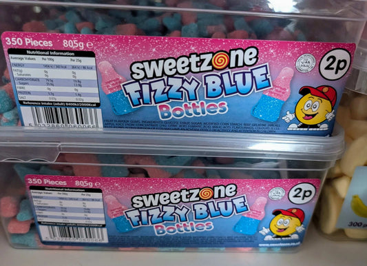Sweetzone fizzy blue bottle sweets in a clear 805g tub with approx 350 pieces