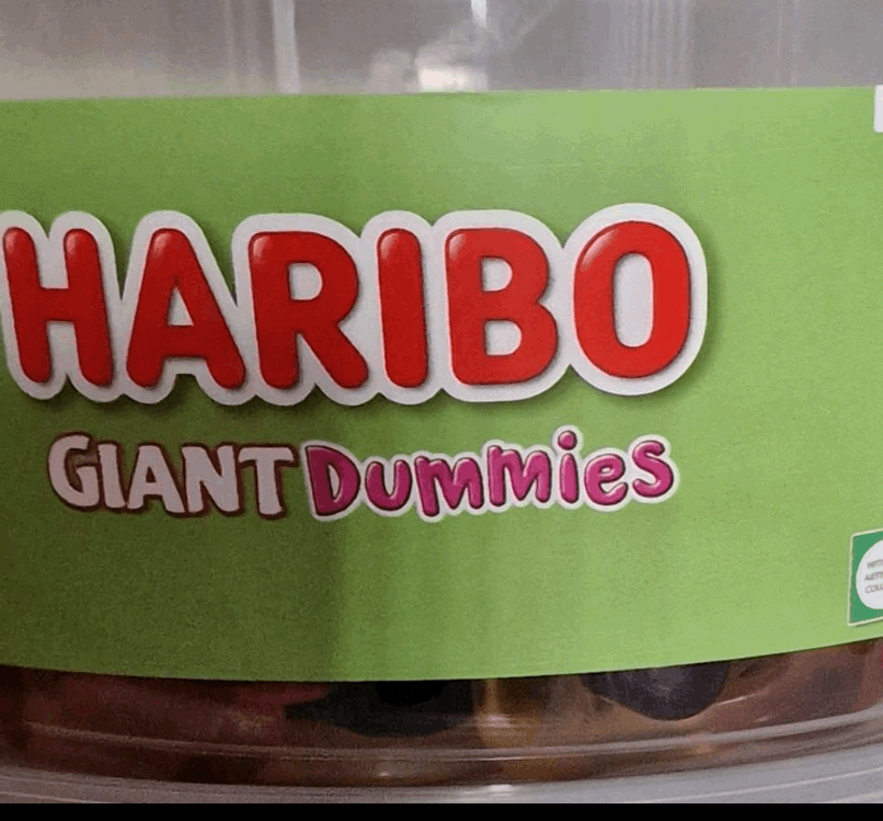 Haribo Giant Dummies packaging with green label and clear container
