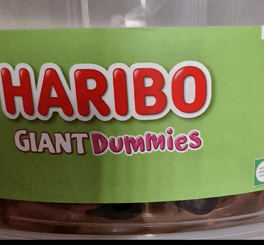 Haribo Giant Dummies packaging with green label and clear container
