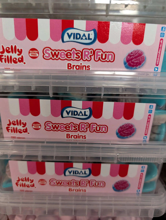 Clear tub of 120 Vidal jelly-filled gummy sweets shaped like brains, fruit-flavored novelty candy.