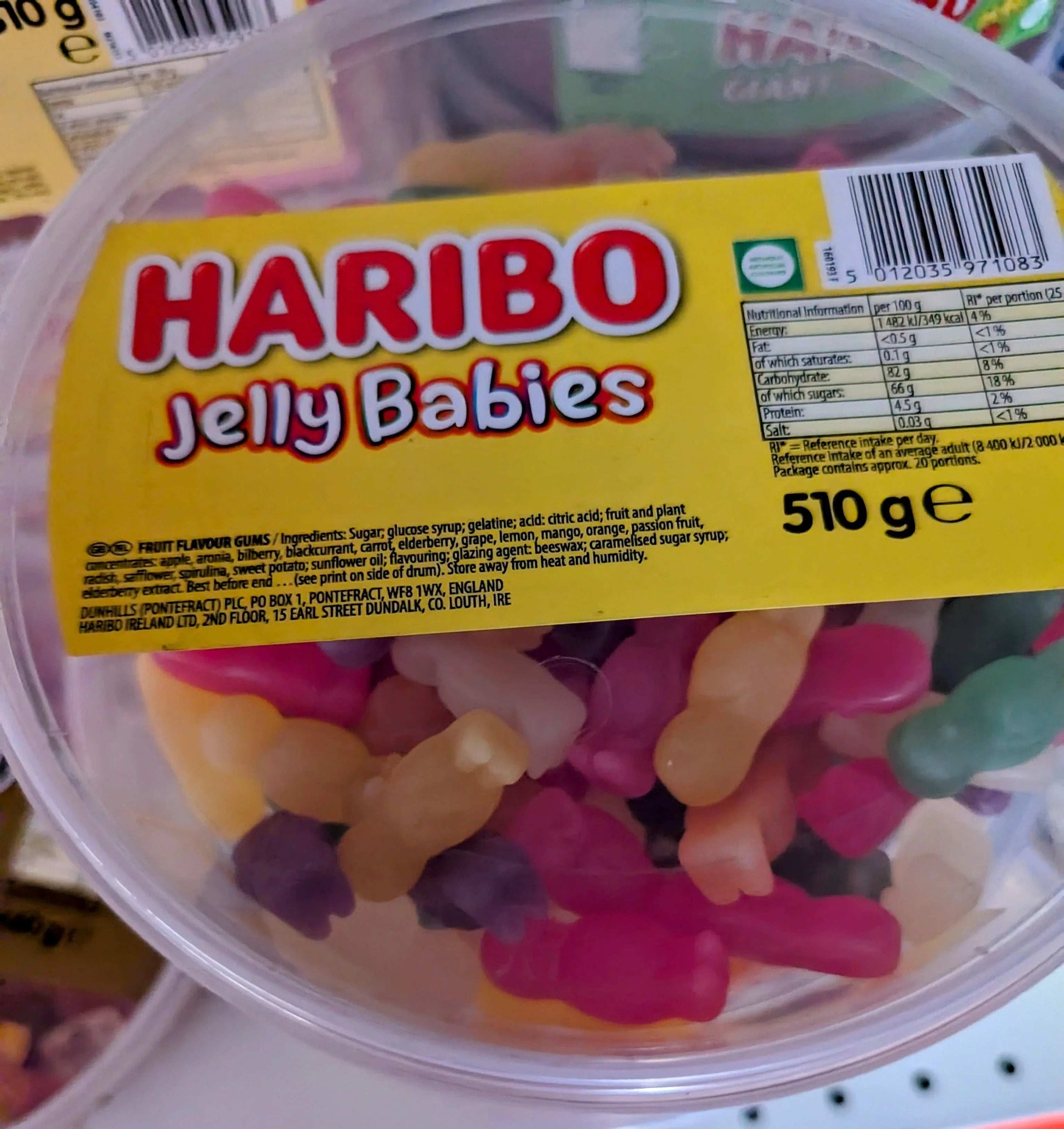 Haribo Jelly Babies 510g tub filled with colorful fruit-flavored gummy sweets, perfect for sharing or gifting