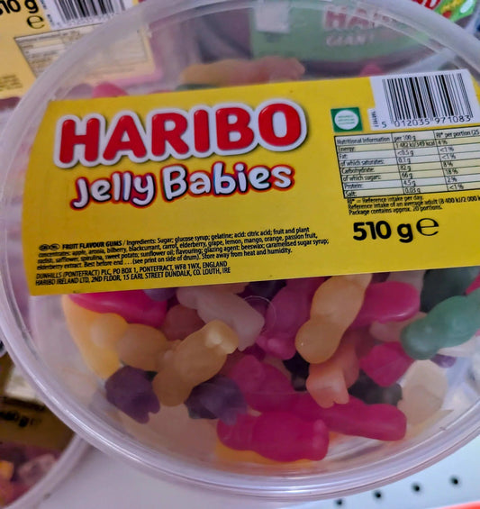 Haribo Jelly Babies 510g tub filled with colorful fruit-flavored gummy sweets, perfect for sharing or gifting