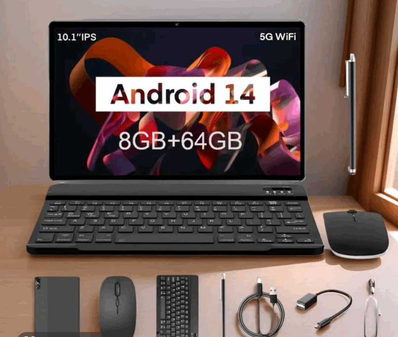 Laptop with Android 14 display on a desk with accessories