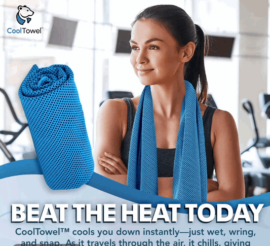 Woman using a blue CoolTowel in a gym setting with promotional text.