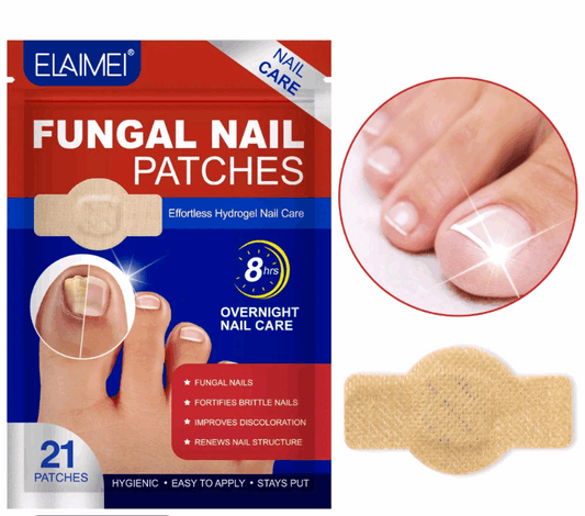 Elaimi Fungal Nail Patches packaging with a close-up of a foot wearing a patch.