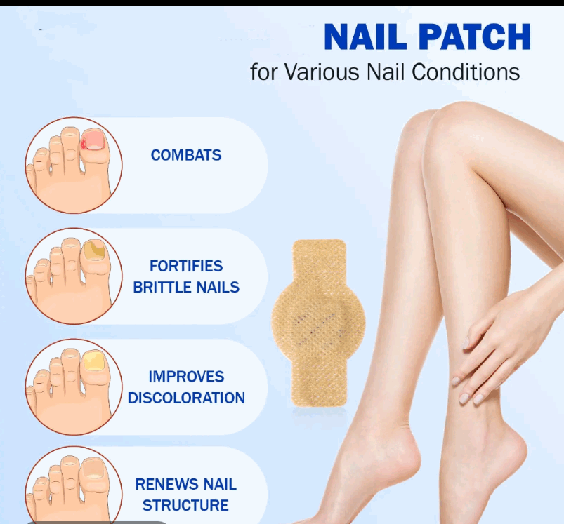 Nail patch advertisement with illustrations of foot conditions and its benefits on a blue background.
