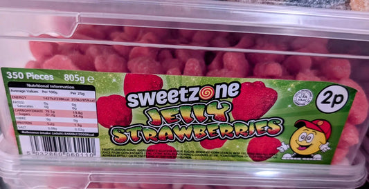Clear tub of Sweetzone jelly strawberry gummies, 805g, around 350 pink strawberry-shaped sweets