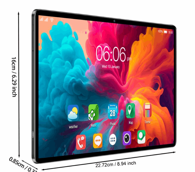 Tablet with colorful display and dimensions indicated