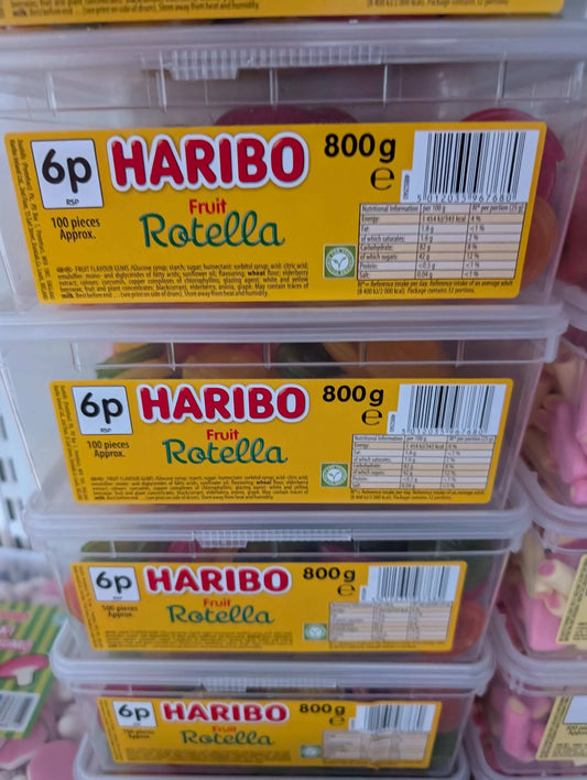 800g tub of Haribo Fruit Rotella gummy sweets, colourful fruit-flavoured coiled wheels