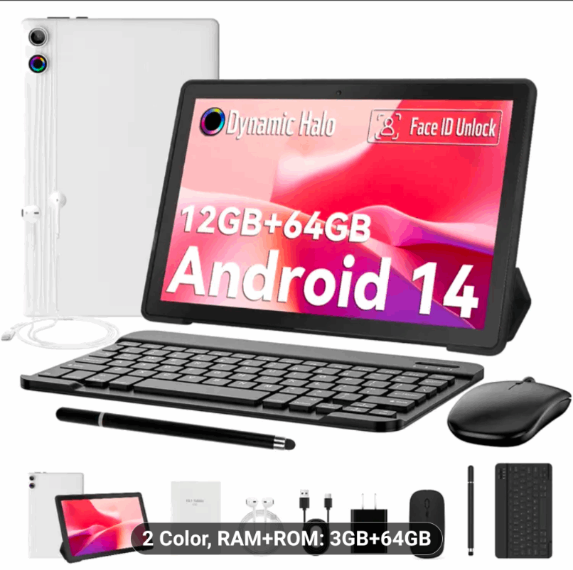 Tablet with keyboard, stylus, and mouse on a white background