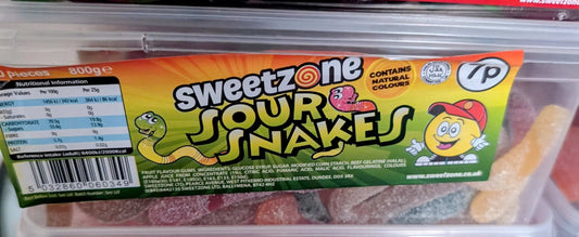 sweetzone sour snakes 800g tub filled with colourful sour-coated gummy snakes