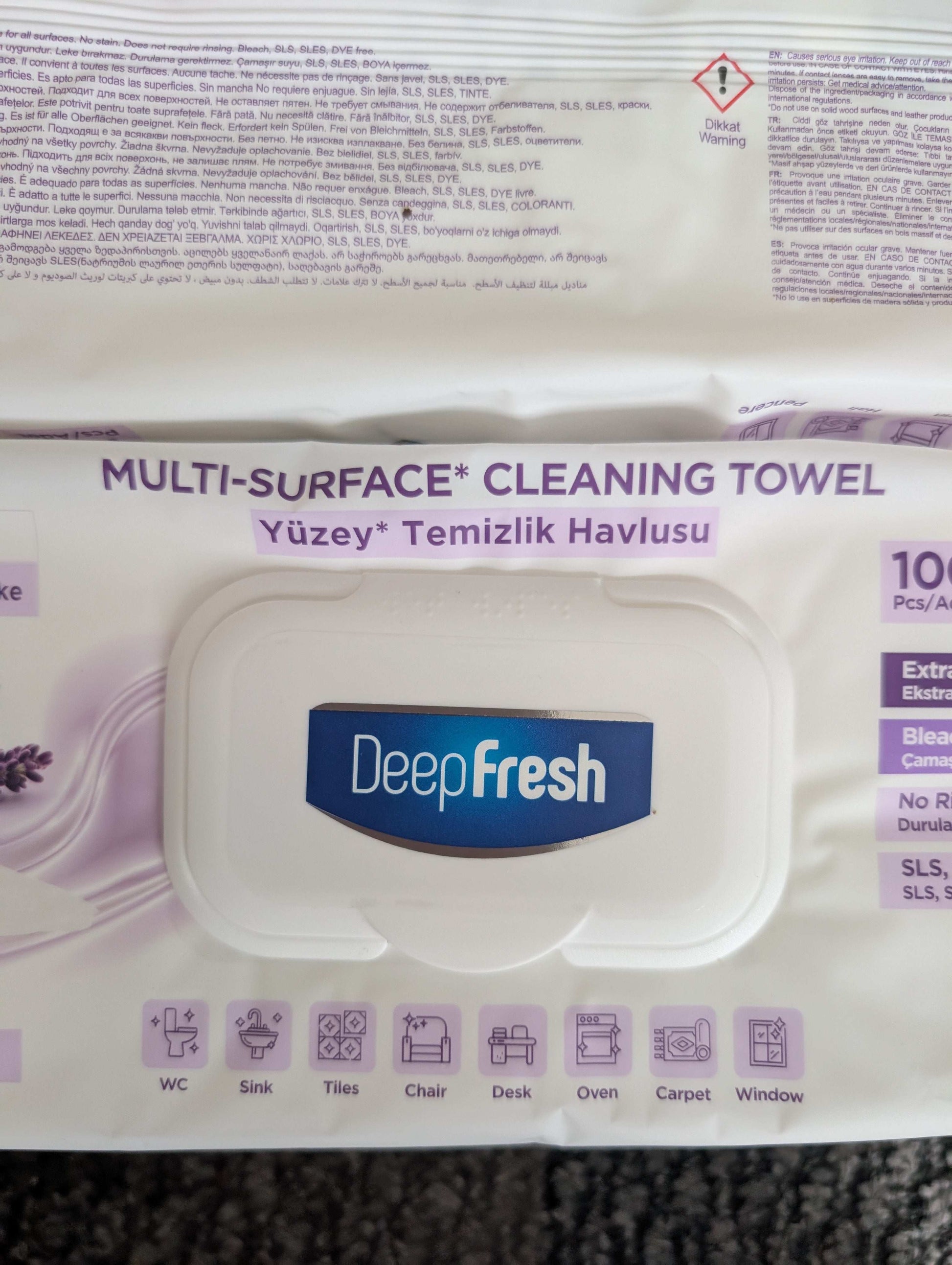 Package of Deep Fresh multi-surface cleaning towels with visible branding and product details.