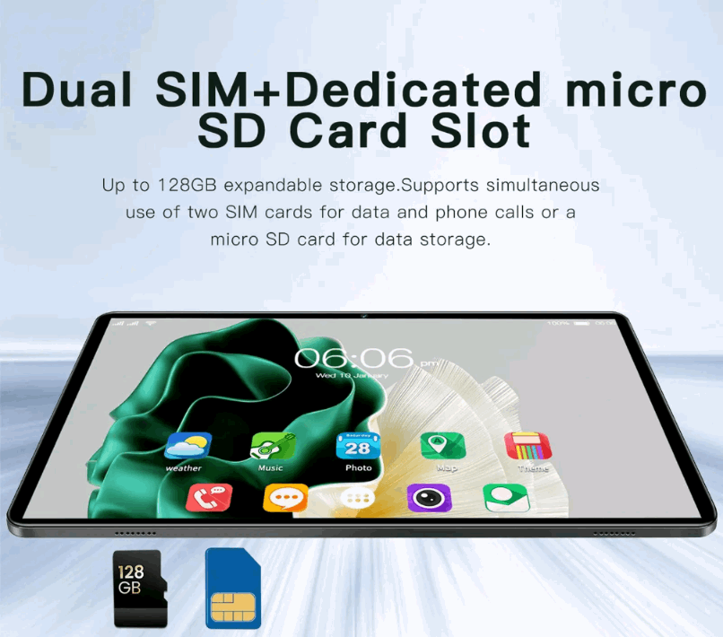 Tablet with dual SIM and micro SD card slot features displayed on a light blue background.