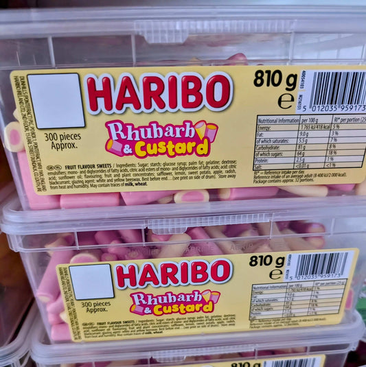 810g tub of Haribo Rhubarb and Custard soft gummy sweets, approx. 300 pieces