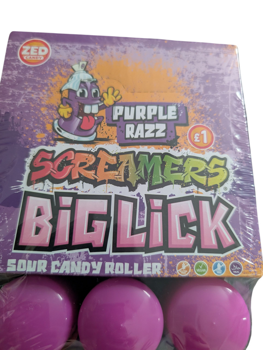Zed Candy Screamers Big Lick – Purple Razz Sour Candy Roller (Box of 12)