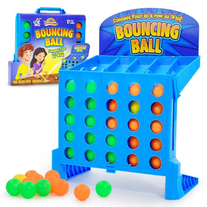 Blue foldable Connect‑4 style game with players bouncing small colorful balls into the grid for four‑in‑a‑row