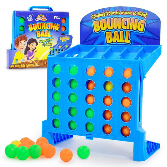 Blue foldable Connect‑4 style game with players bouncing small colorful balls into the grid for four‑in‑a‑row