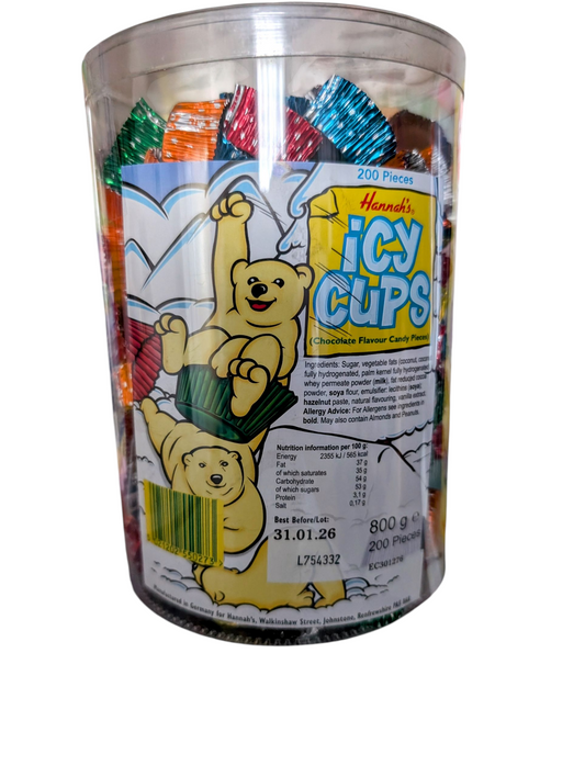Jar of Hanna's Icy Cups with cartoon bear design on a white background