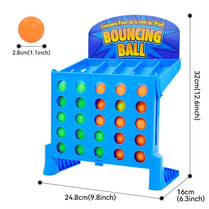 Bounce ball Connect 4 game mid-play with colorful balls flying toward upright grid