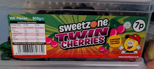 Sweetzone Twin Cherries 800g clear tub filled with red and green cherry‑shaped gummy sweets