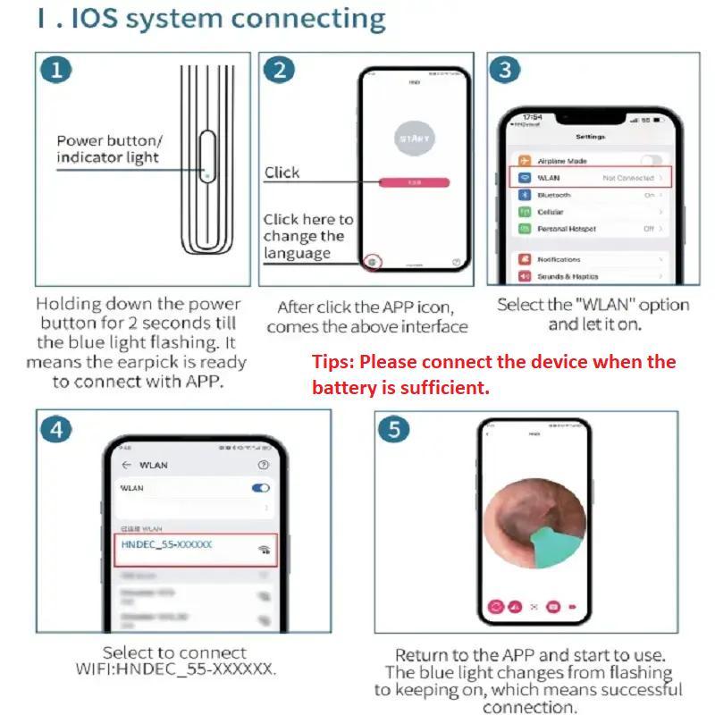 Visual ear cleaner tool compatible with Android and iOS devices