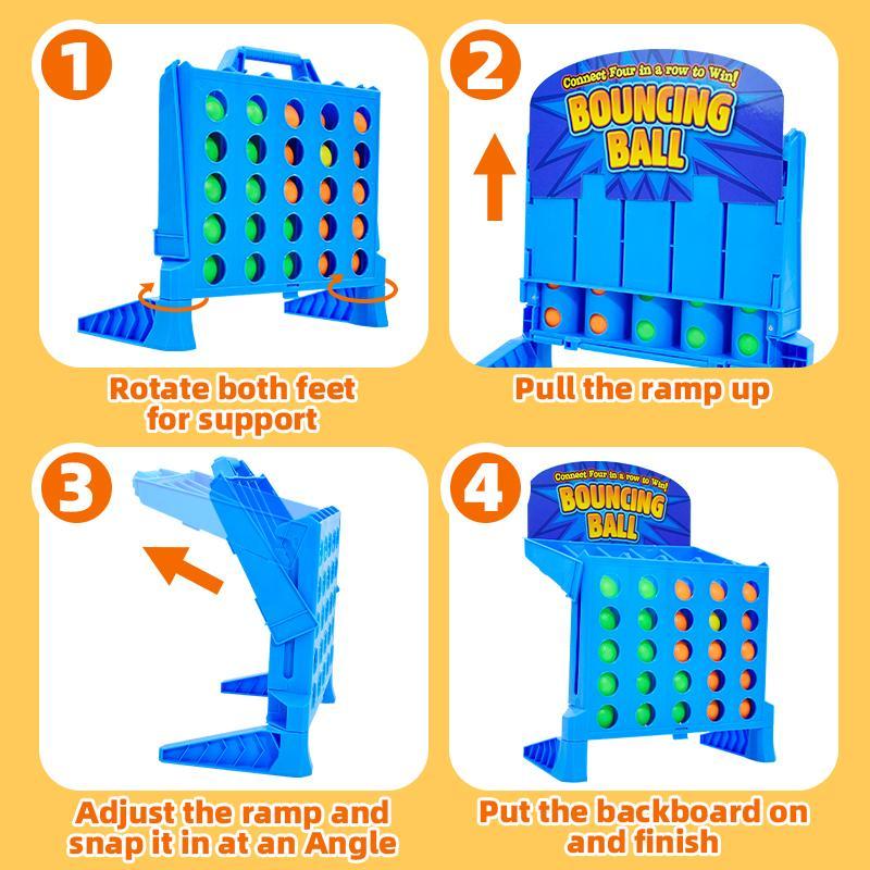 Children playing a fast-paced bounce ball game, aiming for four in a row on foldable plastic board
