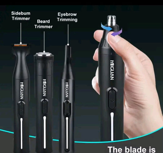 MIGUAN grooming tool with attachments for sideburn, beard, and eyebrow trimming on a dark background.
