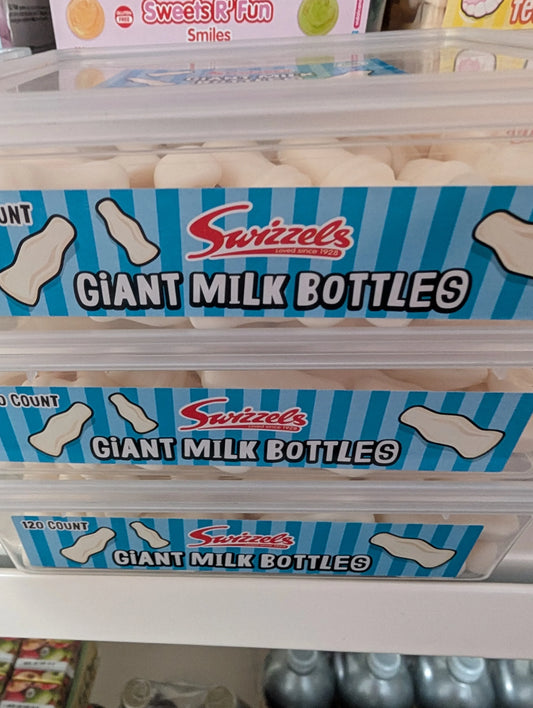 Swizzels Giant Milk Bottles in 120-count tub – retro vanilla vegan sweets