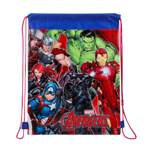 Marvel Avengers drawstring bag with superhero characters on a white background