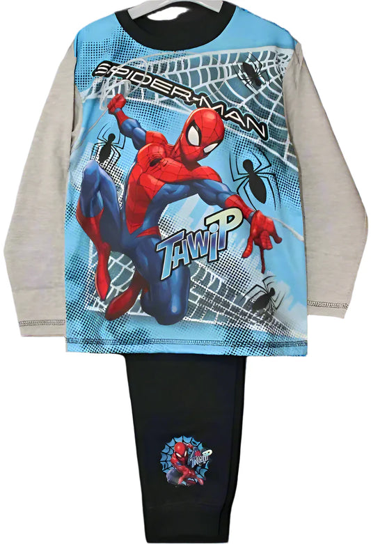 Spider-Man pajama set with blue top and black pants on a white background